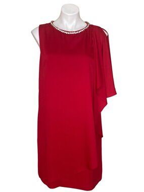Tahari ASL Women's Red Asymmetrical Sleeve Cocktail Dress, Rhinestones Size 10
